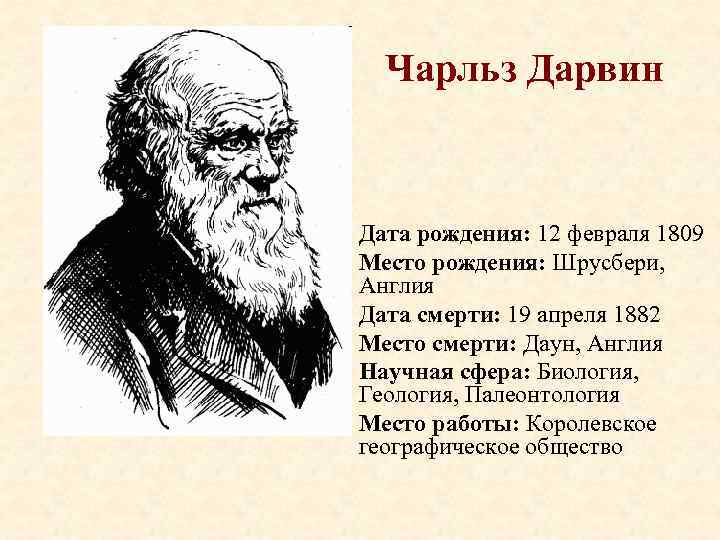 Чарльз Дарвин Дата рождения: 12 февраля 1809 Место рождения: Шрусбери, Англия Дата смерти: 19