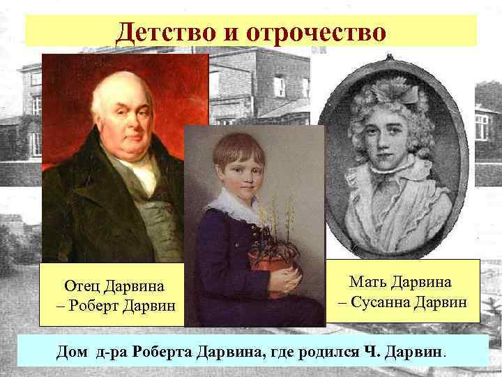 Детство и отрочество Отец Дарвина – Роберт Дарвин Мать Дарвина – Сусанна Дарвин Дом