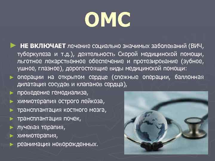 ОМС ► НЕ ВКЛЮЧАЕТ лечение социально значимых заболеваний (ВИЧ, ► ► ► ► туберкулеза