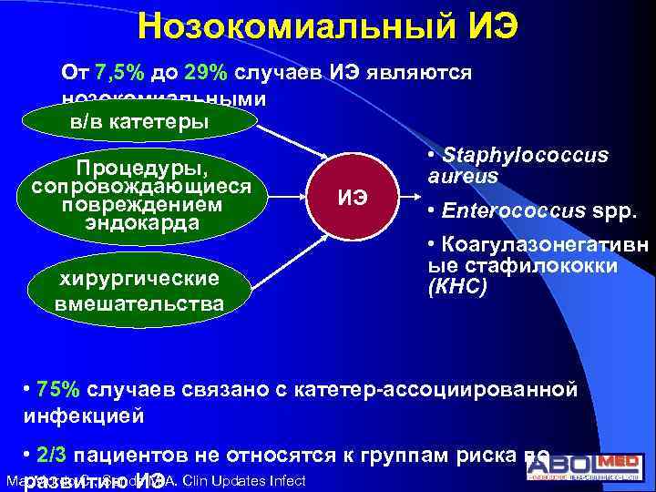 Нозокомиальный ИЭ От 7, 5% до 29% случаев ИЭ являются нозокомиальными в/в катетеры Процедуры,