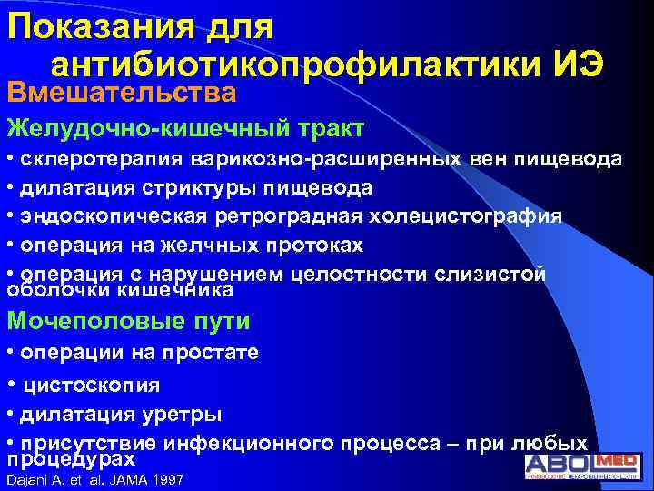 Показания для антибиотикопрофилактики ИЭ Вмешательства Желудочно-кишечный тракт • склеротерапия варикозно-расширенных вен пищевода • дилатация