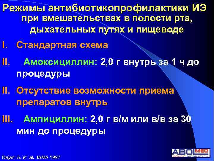 Режимы антибиотикопрофилактики ИЭ при вмешательствах в полости рта, дыхательных путях и пищеводе I. Стандартная