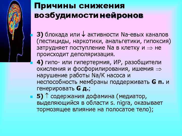 Причины снижения возбудимости нейронов n n n 3) блокада или активности Na евых каналов