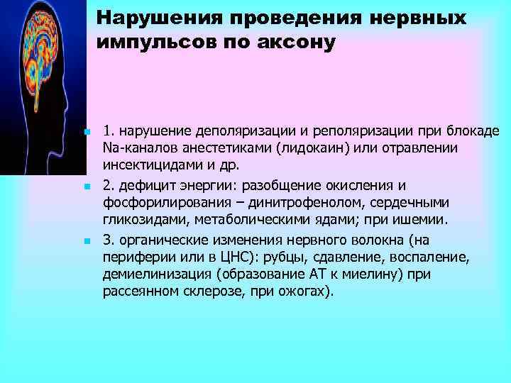 Нарушения проведения нервных импульсов по аксону n n n 1. нарушение деполяризации и реполяризации