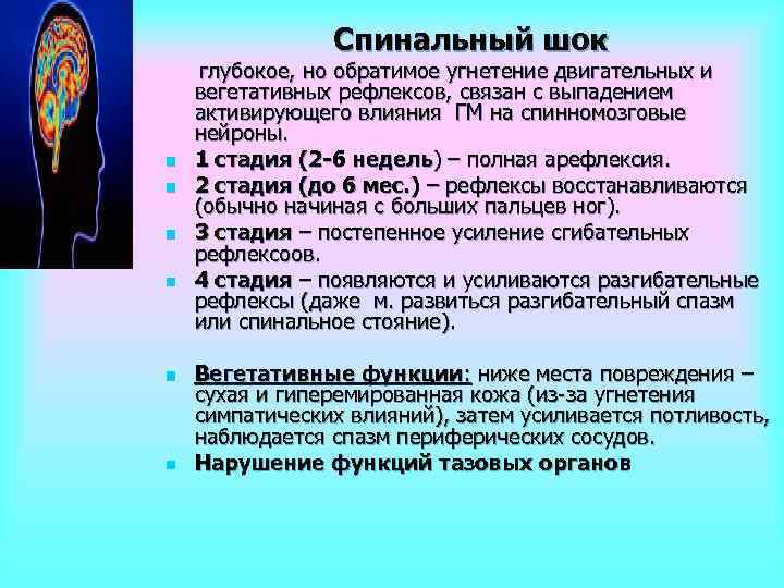 Спинальный шок n n n глубокое, но обратимое угнетение двигательных и вегетативных рефлексов, связан