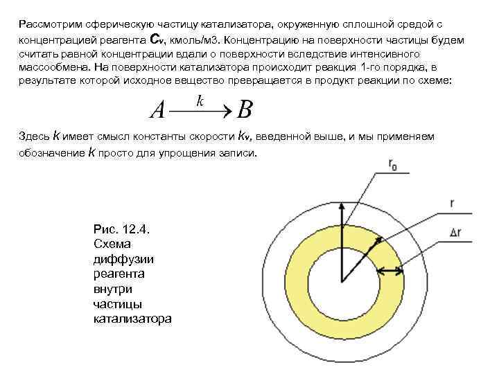 Рассмотрим сферическую частицу катализатора, окруженную сплошной средой с концентрацией реагента Сv, кмоль/м 3. Концентрацию