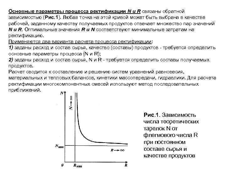 Основные параметры процесса ректификации N и R связаны обратной зависимостью (Рис. 1). Любая точка