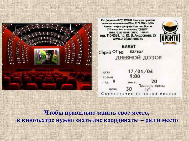 Чтобы правильно занять свое место, в кинотеатре нужно знать две координаты – ряд и