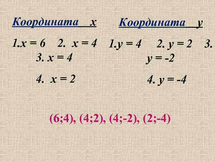 Координата х Координата у 1. х = 6 2. х = 4 1. у