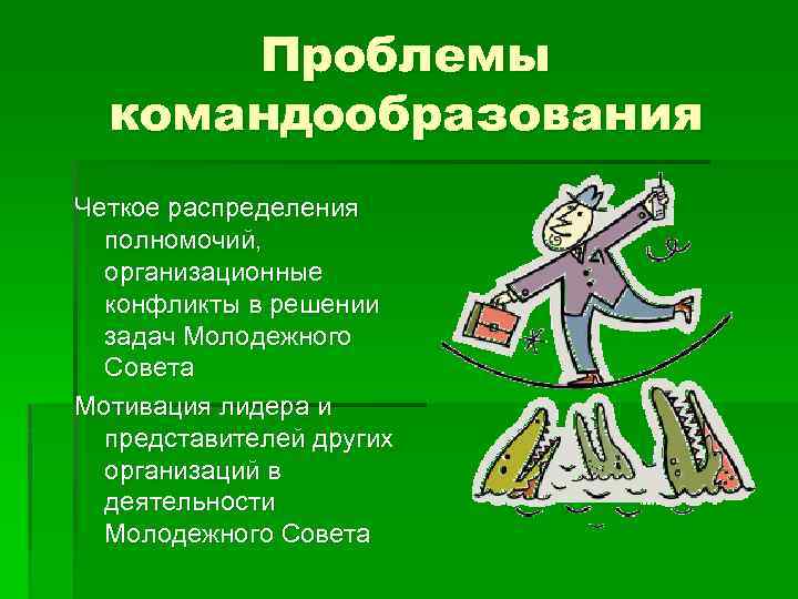 Проблемы командообразования Четкое распределения полномочий, организационные конфликты в решении задач Молодежного Совета Мотивация лидера