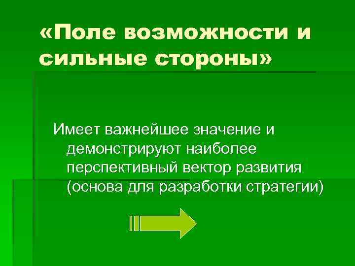  «Поле возможности и сильные стороны» Имеет важнейшее значение и демонстрируют наиболее перспективный вектор