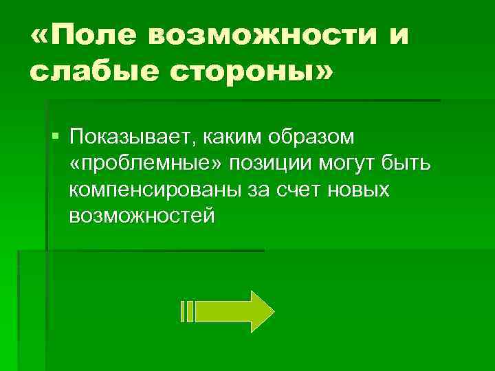  «Поле возможности и слабые стороны» § Показывает, каким образом «проблемные» позиции могут быть