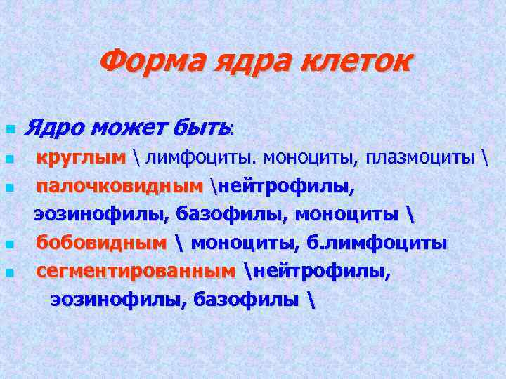 Форма ядра клеток Ядро может быть: круглым  лимфоциты. моноциты, плазмоциты  палочковидным нейтрофилы,