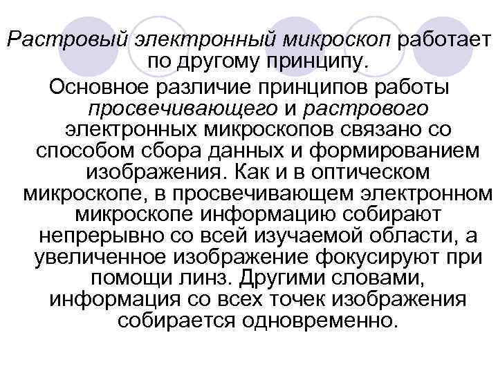 Растровый электронный микроскоп работает по другому принципу. Основное различие принципов работы просвечивающего и растрового