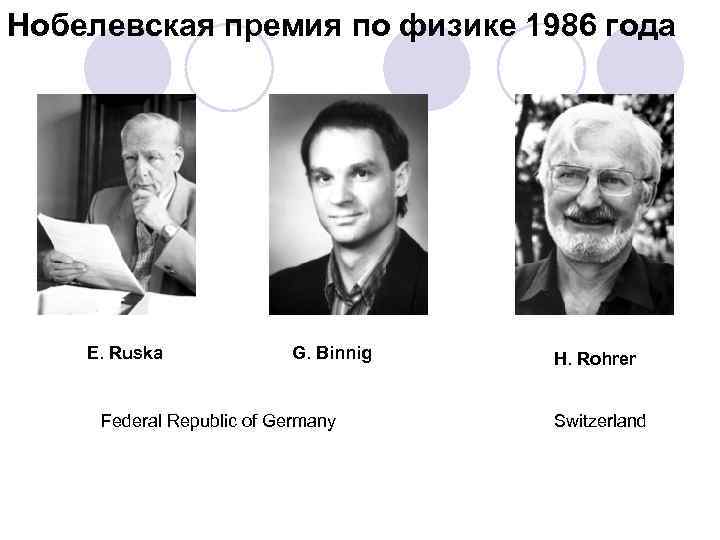 Нобелевская премия по физике 1986 года E. Ruska G. Binnig Federal Republic of Germany