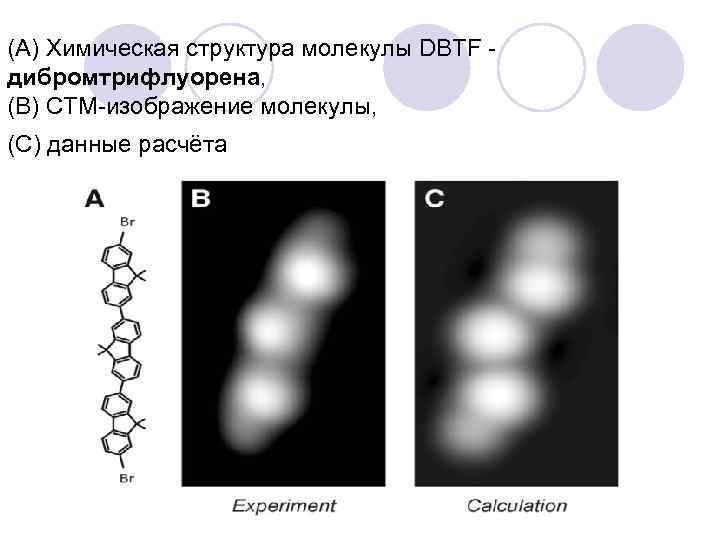 (A) Химическая структура молекулы DBTF дибромтрифлуорена, (B) СТМ изображение молекулы, (С) данные расчёта 