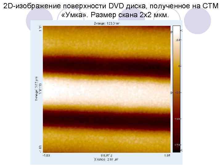 2 D изображение поверхности DVD диска, полученное на СТМ «Умка» . Размер скана 2