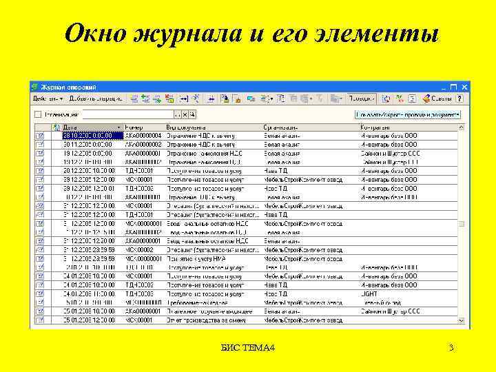 Окно журнала и его элементы БИС ТЕМА 4 3 