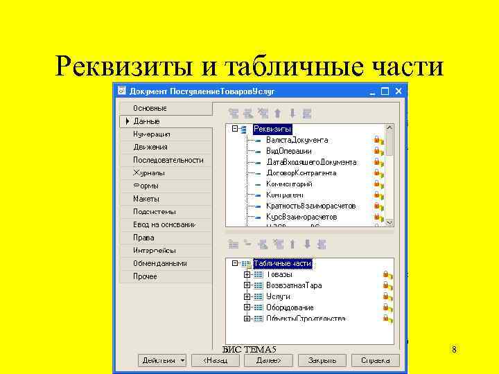 Реквизиты и табличные части БИС ТЕМА 5 8 