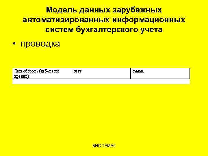 Модель данных зарубежных автоматизированных информационных систем бухгалтерского учета • проводка БИС ТЕМА 0 