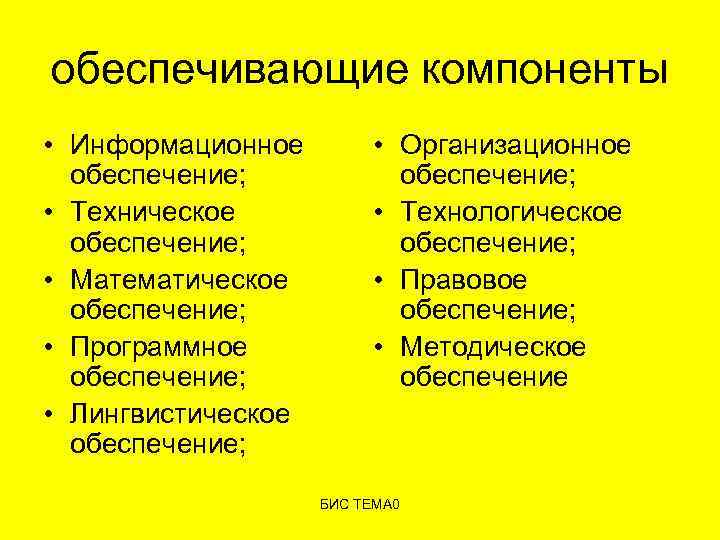 обеспечивающие компоненты • Информационное обеспечение; • Техническое обеспечение; • Математическое обеспечение; • Программное обеспечение;