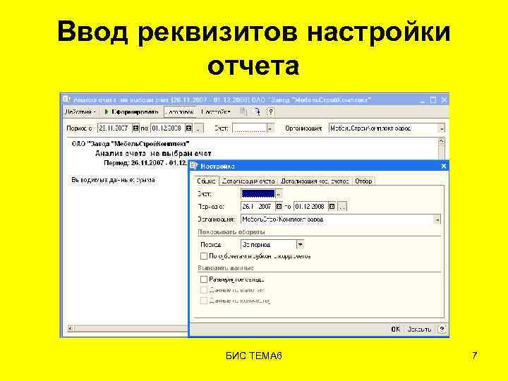 Ввод реквизитов настройки отчета БИС ТЕМА 6 7 