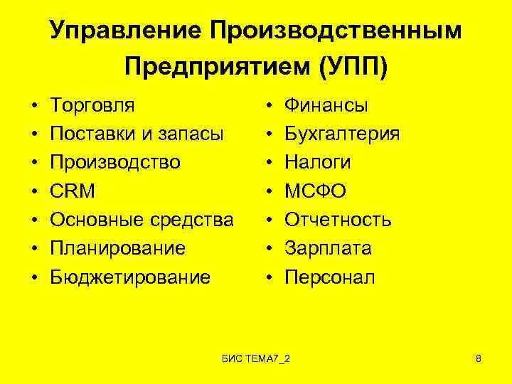 Управление Производственным Предприятием (УПП) • • Торговля Поставки и запасы Производство CRM Основные средства