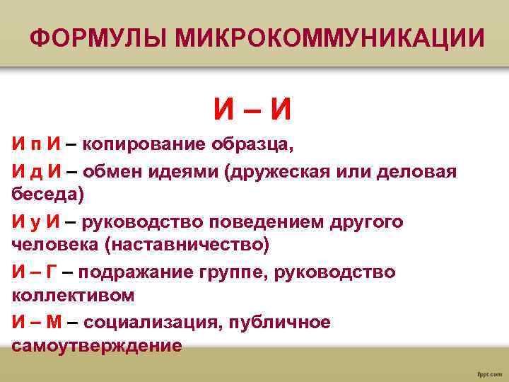  ФОРМУЛЫ МИКРОКОММУНИКАЦИИ И–И И п И – копирование образца, И д И –