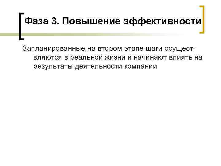 Фаза 3. Повышение эффективности Запланированные на втором этапе шаги осущест вляются в реальной жизни