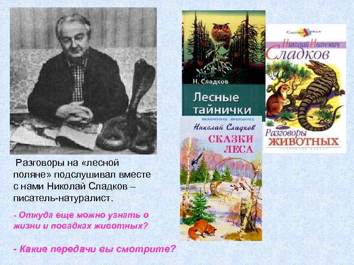 Разговоры на «лесной поляне» подслушивал вместе с нами Николай Сладков – писатель-натуралист. - Откуда