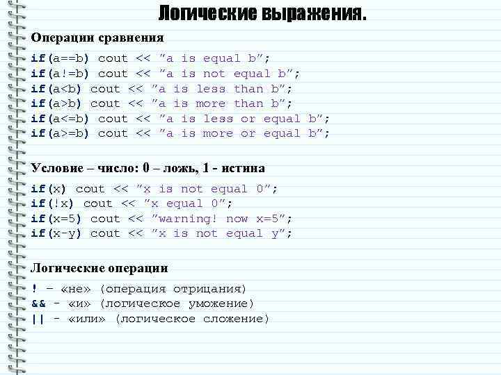 Логические выражения. Операции сравнения if(a==b) cout << ”a is equal b”; if(a!=b) cout <<