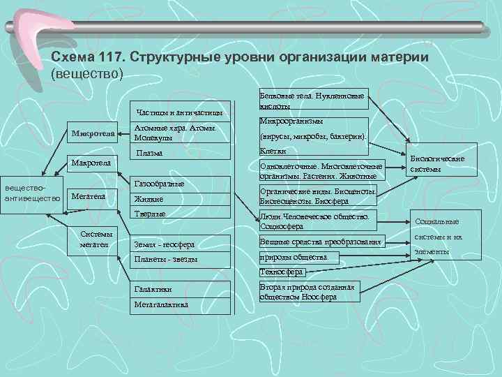 Схема 117. Структурные уровни организации материи (вещество) Частицы и античастицы Микротела Атомные ядра. Атомы.