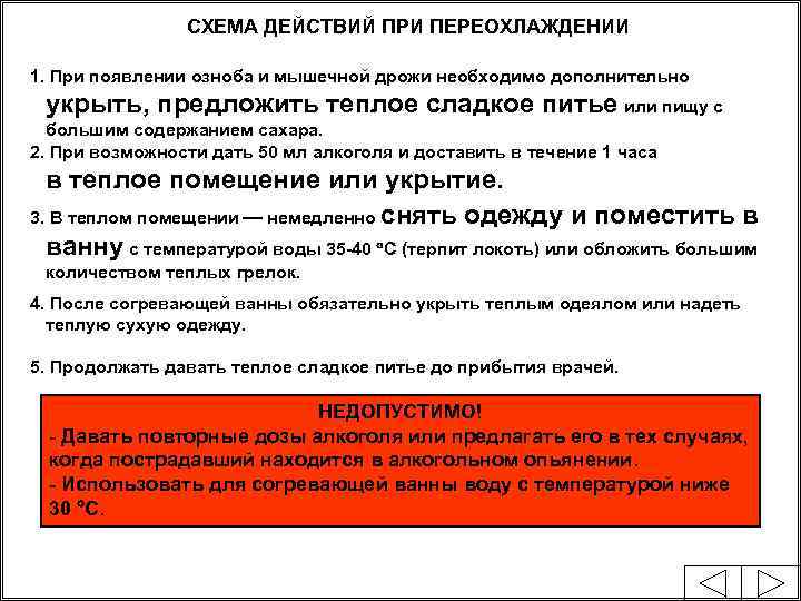 СХЕМА ДЕЙСТВИЙ ПРИ ПЕРЕОХЛАЖДЕНИИ 1. При появлении озноба и мышечной дрожи необходимо дополнительно укрыть,
