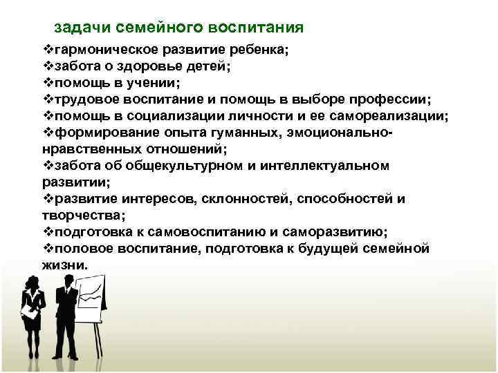задачи семейного воспитания vгармоническое развитие ребенка; vзабота о здоровье детей; vпомощь в учении; vтрудовое