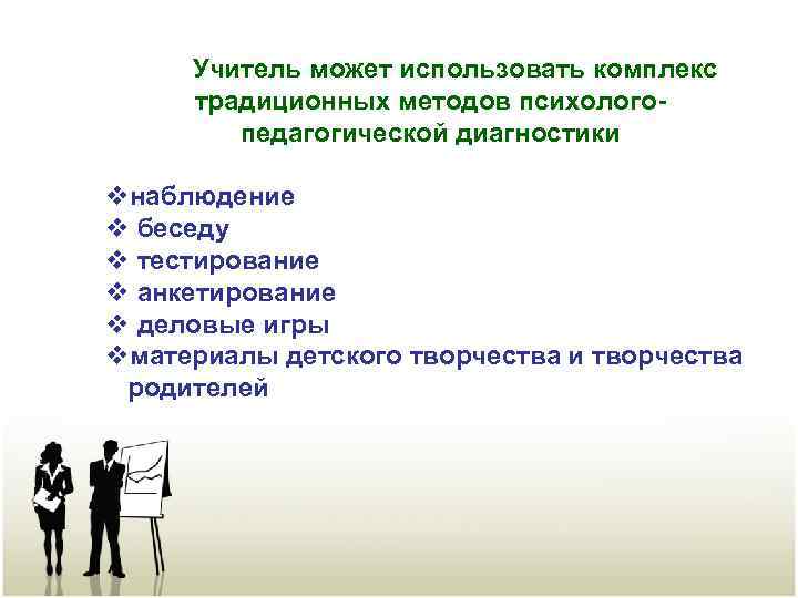  Учитель может использовать комплекс традиционных методов психологопедагогической диагностики vнаблюдение v беседу v тестирование