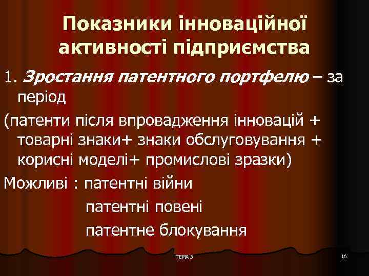 Показники інноваційної активності підприємства 1. Зростання патентного портфелю – за період (патенти після впровадження