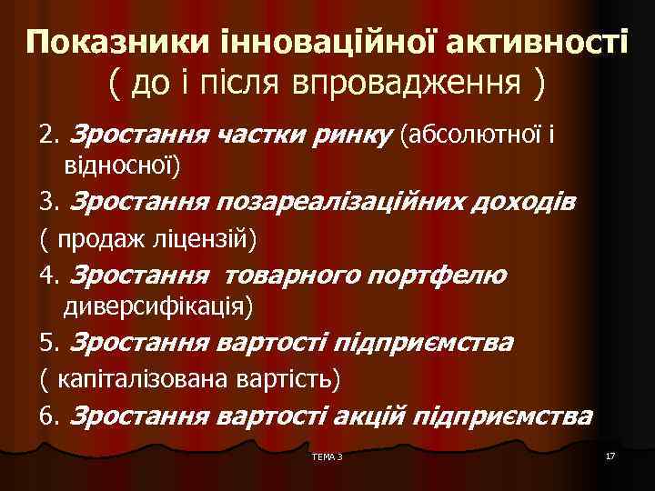 Показники інноваційної активності ( до і після впровадження ) 2. Зростання частки ринку (абсолютної