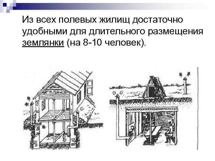 Из всех полевых жилищ достаточно удобными для длительного размещения землянки (на 8 10 человек).