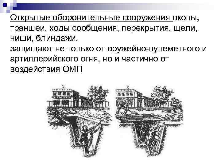 Открытые оборонительные сооружения окопы, траншеи, ходы сообщения, перекрытия, щели, ниши, блиндажи. защищают не только