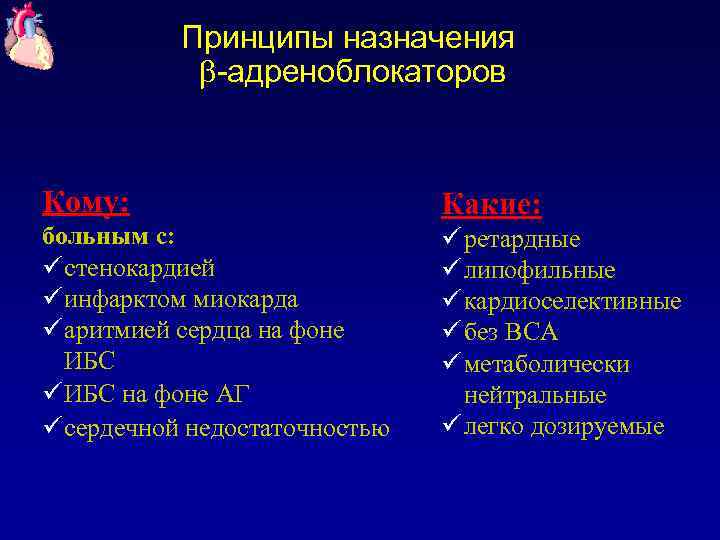Принципы назначения -адреноблокаторов Кому: Какие: больным с: стенокардией инфарктом миокарда аритмией сердца на фоне