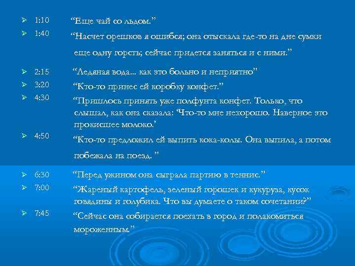 1: 10 1: 40 “Еще чай со льдом. ” “Насчет орешков я ошибся; она