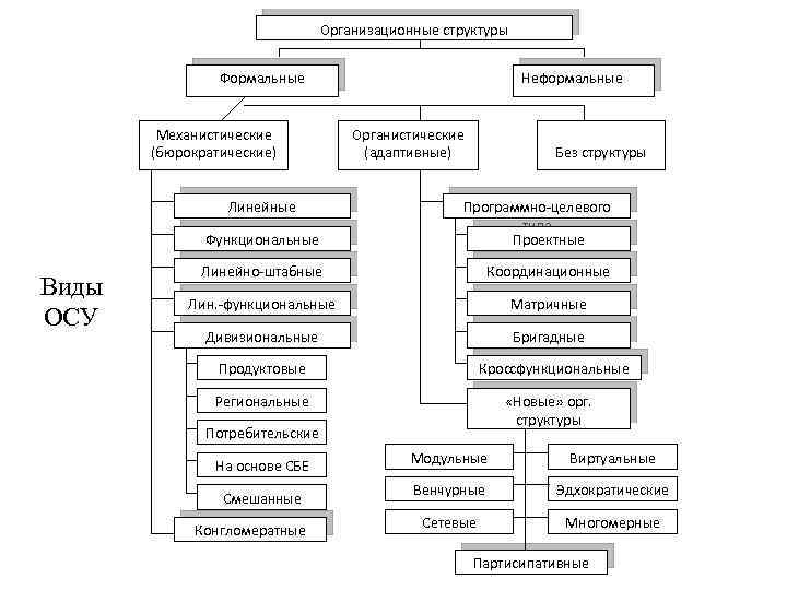 Организационные структуры Формальные Механистические (бюрократические) Линейные Неформальные Органистические (адаптивные) Без структуры Функциональные Виды ОСУ