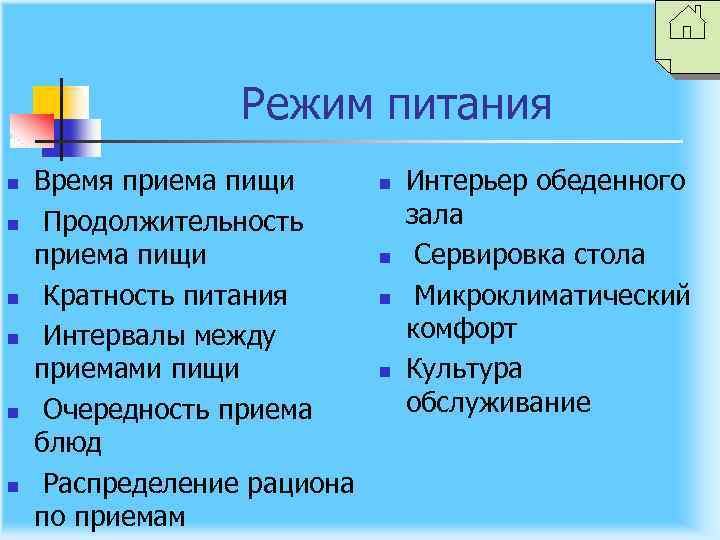 Режим питания n n n Время приема пищи Продолжительность приема пищи Кратность питания Интервалы