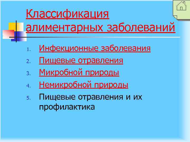 Классификация алиментарных заболеваний 1. 2. 3. 4. 5. Инфекционные заболевания Пищевые отравления Микробной природы