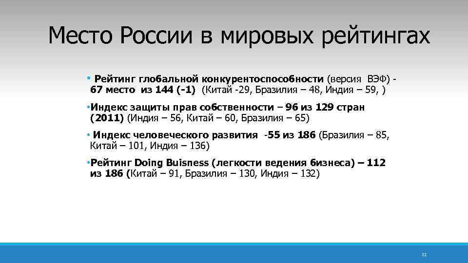 Место России в мировых рейтингах • Рейтинг глобальной конкурентоспособности (версия ВЭФ) 67 место из