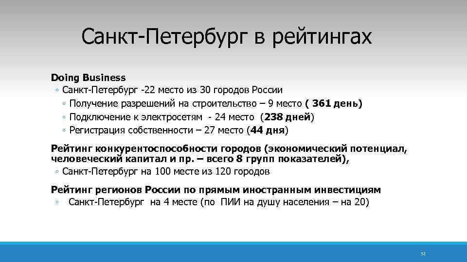 Санкт-Петербург в рейтингах Doing Business ◦ Санкт-Петербург -22 место из 30 городов России ◦