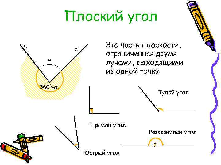 Плоский угол а b α Это часть плоскости, ограниченная двумя лучами, выходящими из одной