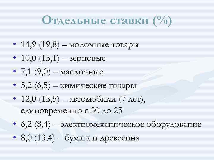 Отдельные ставки (%) • • • 14, 9 (19, 8) – молочные товары 10,