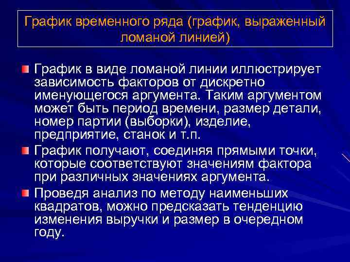 График временного ряда (график, выраженный ломаной линией) График в виде ломаной линии иллюстрирует зависимость