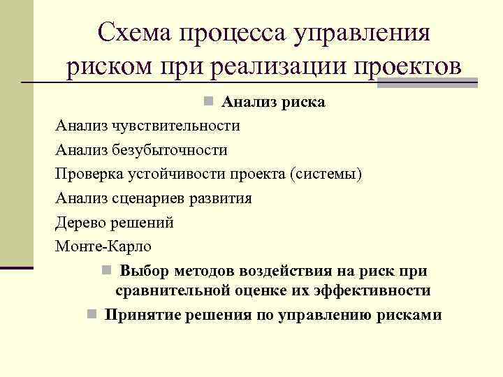Схема процесса управления риском при реализации проектов n Анализ риска Анализ чувствительности Анализ безубыточности